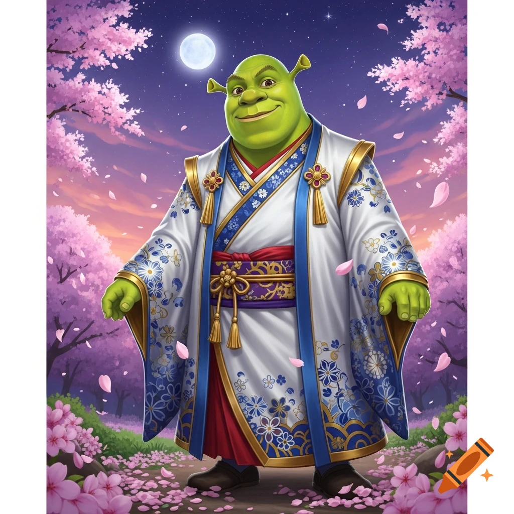Shrek in an elaborate white and blue kimono, surrounded by pink cherry blossoms and a full moon, anime style.
