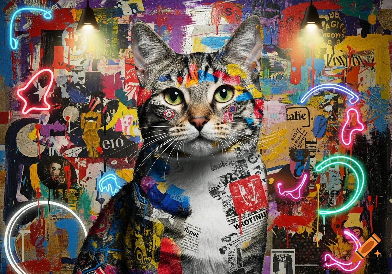 A tabby cat composed of a blend of photorealistic fur, abstract paint strokes, and collage elements, set against a vibrant Rauschenberg-style background with neon lights.