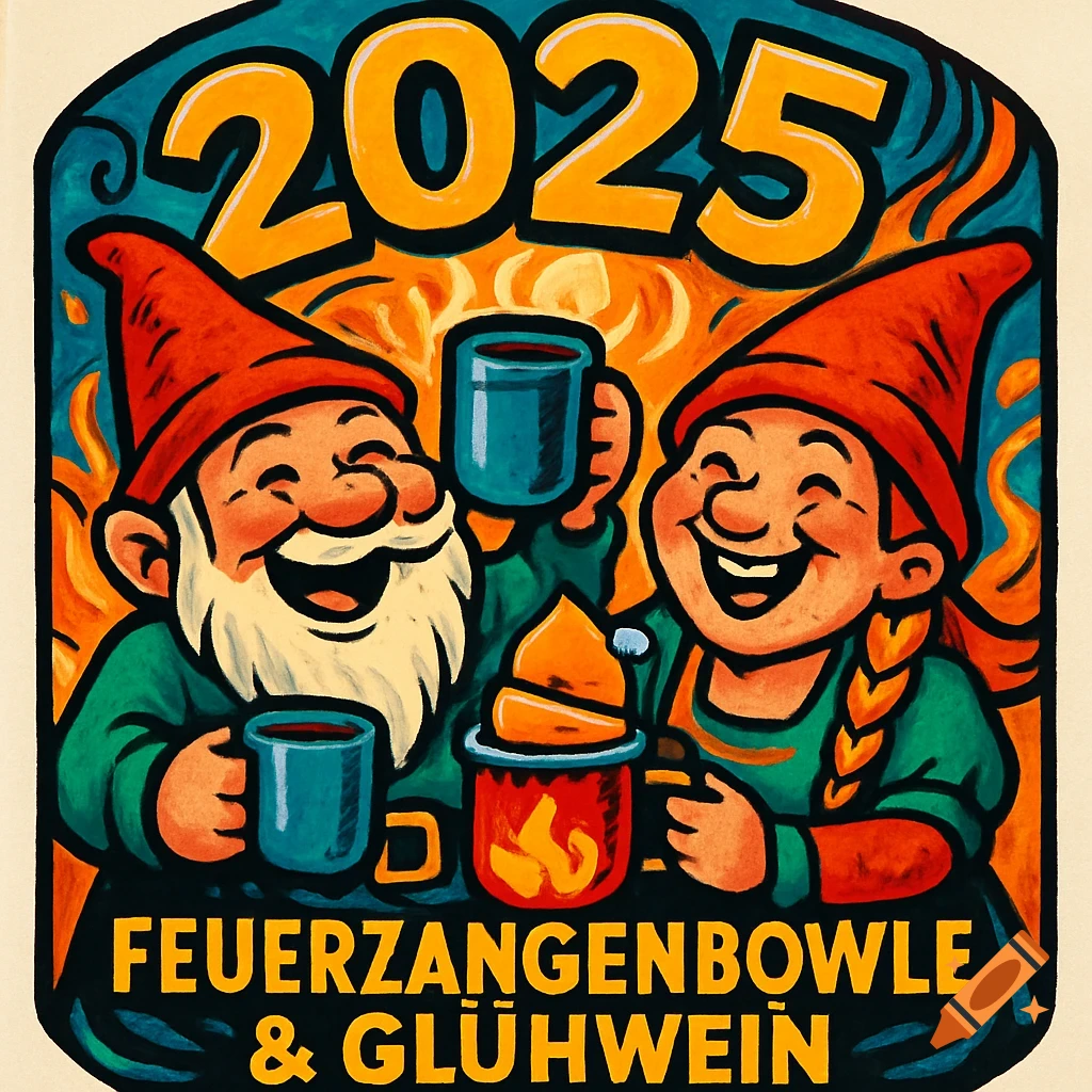 A comic illustration logo with two happy gnomes holding mugs, text '2025 FEUERZANGENBOWLE & GLÜHWEIN', and a fiery background.