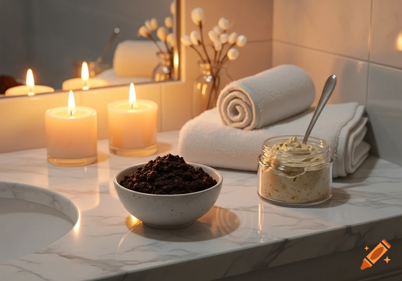 Two lit candles, a bowl of coffee grounds, a jar of cream with a spoon, and rolled white towels on a marble bathroom counter.