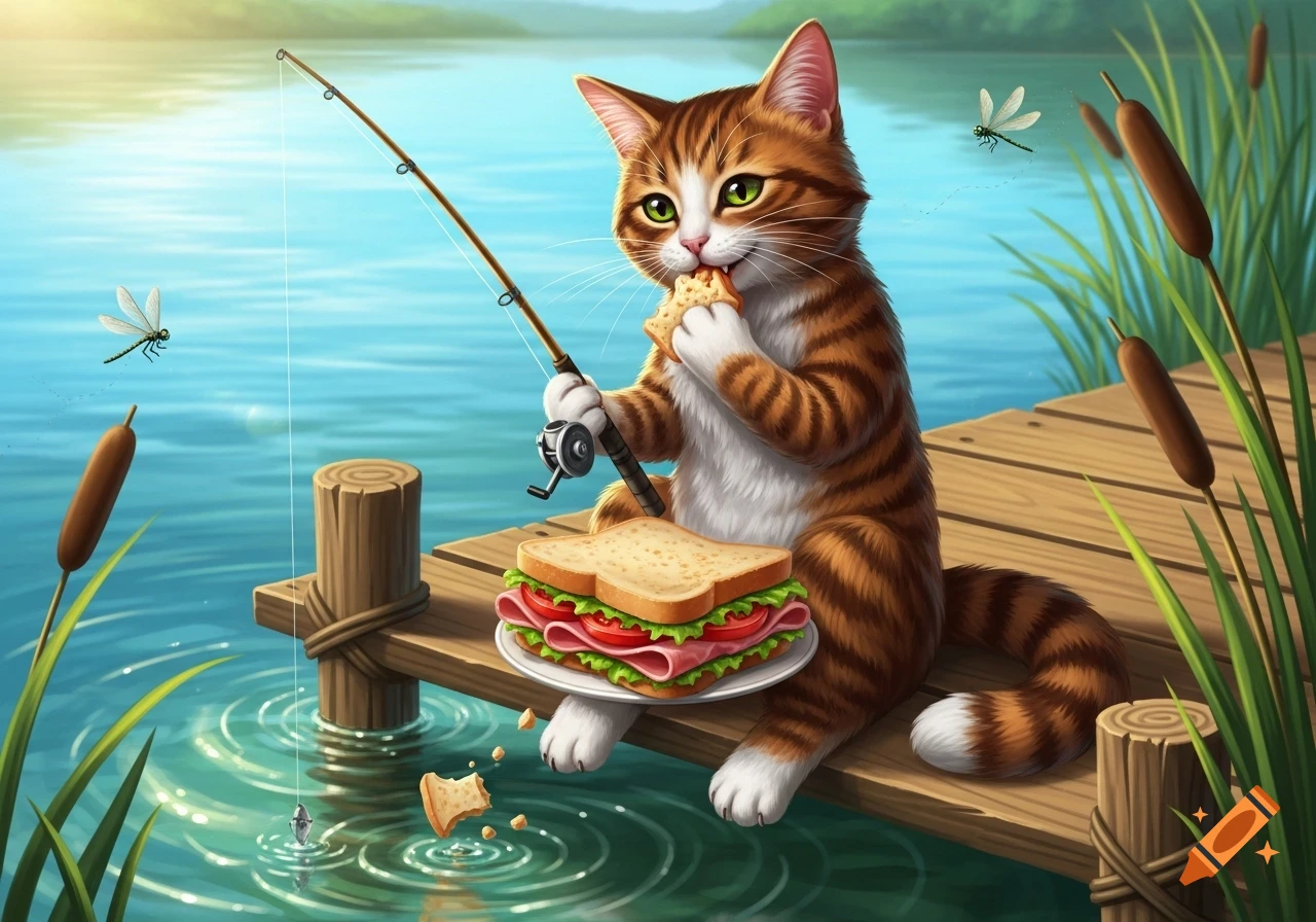A cute cartoon tabby cat sits on a wooden pier, fishing with a rod in one paw while eating a sandwich by a lake.