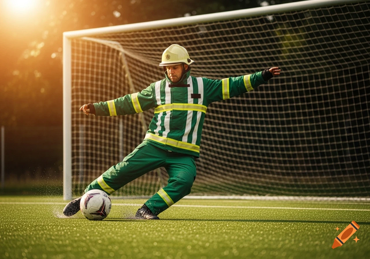A firefighter in green and white striped gear performs a slide tackle with a soccer ball on a green field, with a goalpost in the background.
