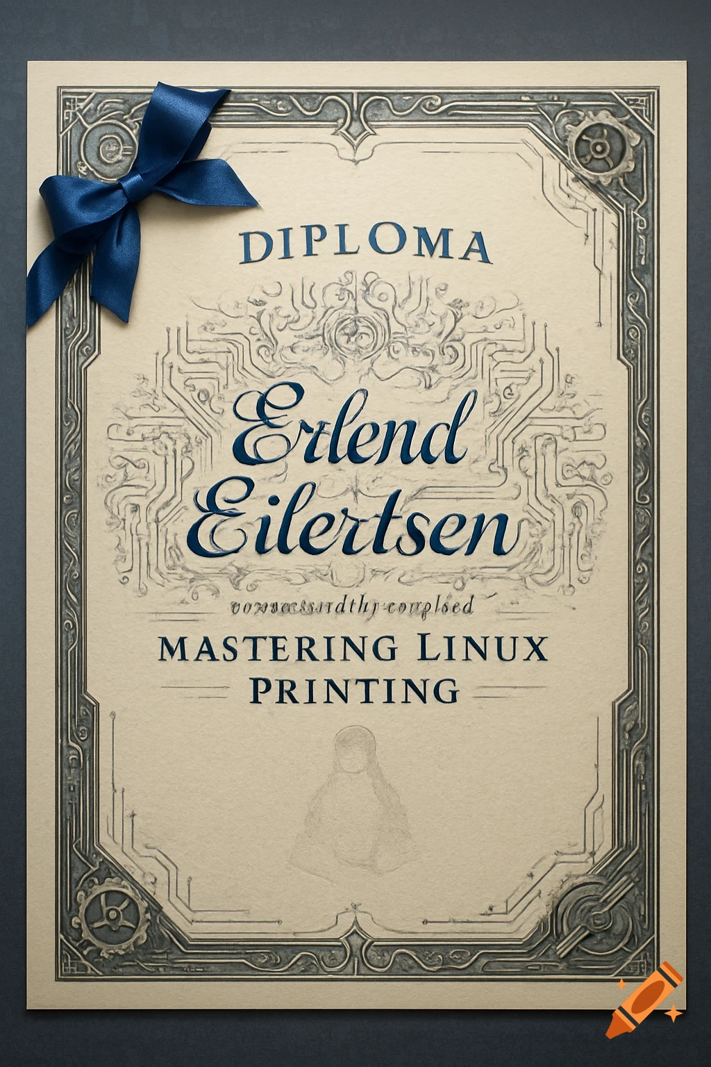 A formal diploma for Erlend Eilertsen for mastering Linux printing, adorned with a blue ribbon and circuit board motifs.