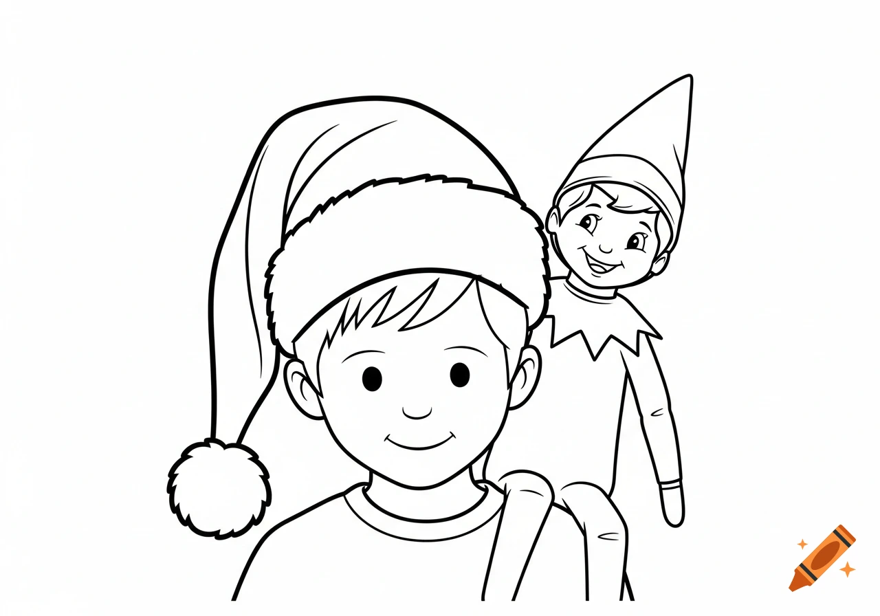 Black and white line drawing of a boy in a Santa hat with an Elf on the Shelf on his shoulder.