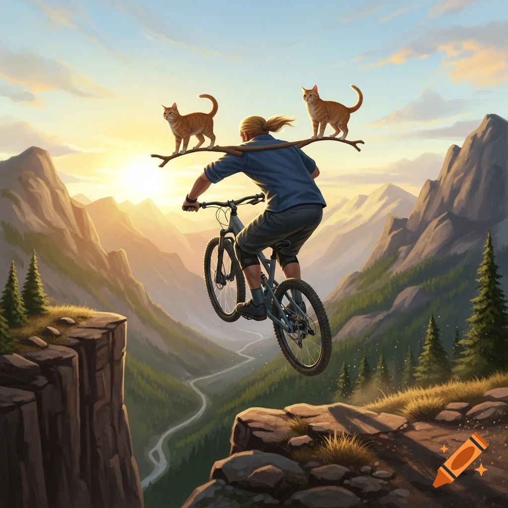 An illustrated man on a mountain bike jumps a gap, balancing a stick with two ginger cats on his shoulders against a mountain sunset.