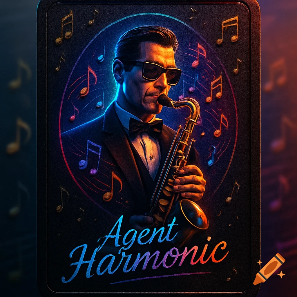 Stylized portrait of a man in a suit and sunglasses playing a saxophone, surrounded by neon musical notes, with 'Agent Harmonic' text.