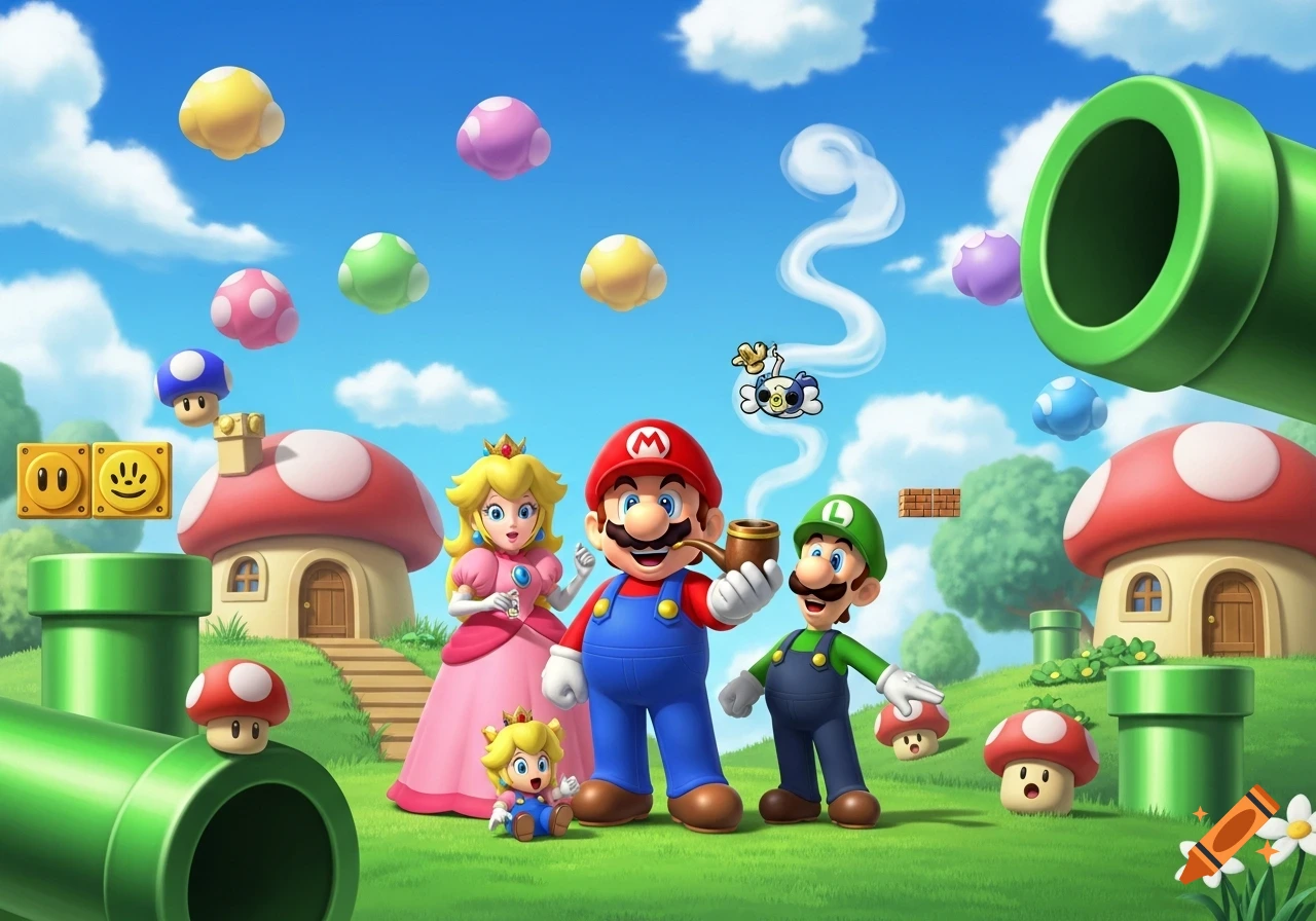 Super Mario, Luigi, Princess Peach, and Baby Peach stand in a vibrant green landscape with mushroom houses and warp pipes. Mario smokes a pipe.