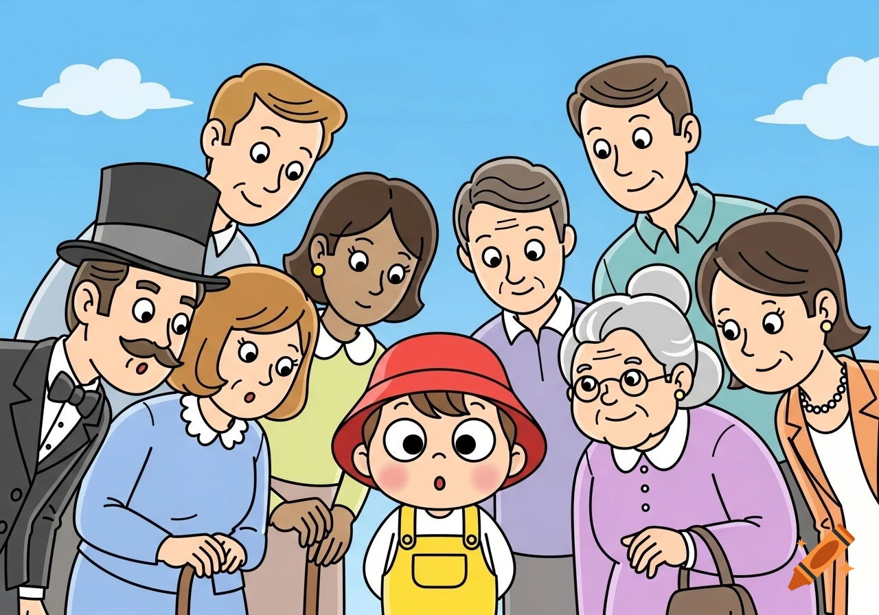 Clip art of a diverse group of adults looking down at a small child in a red hat and yellow overalls, all with curious expressions.