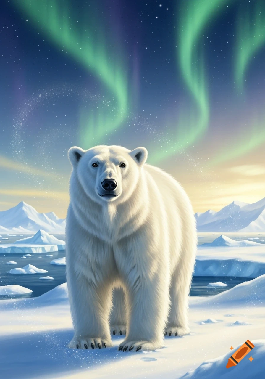 A majestic polar bear stands in a snowy arctic landscape under a vibrant green aurora borealis and starry sky.