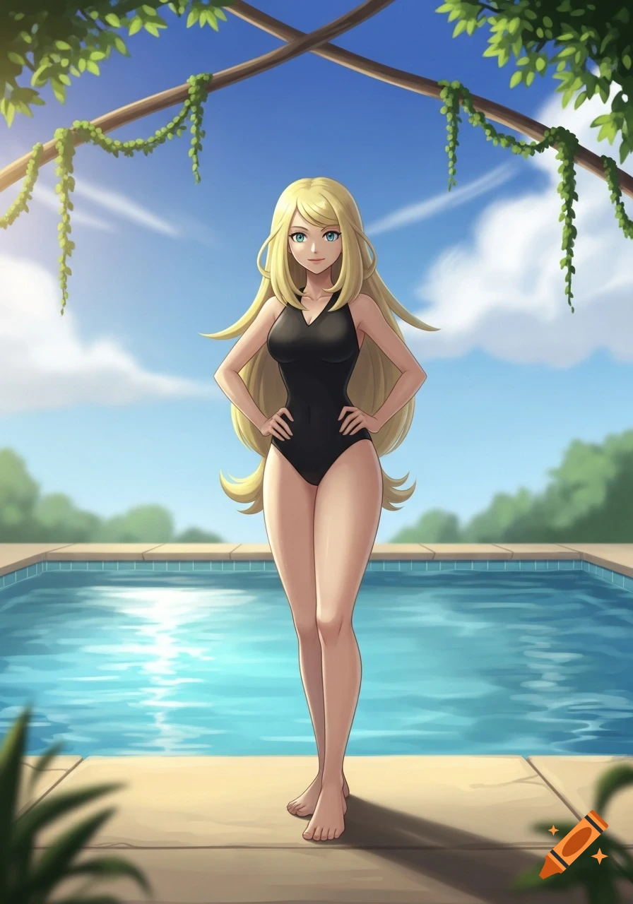 An anime woman with long blonde hair in a black one-piece swimsuit stands by a blue swimming pool on a sunny day.