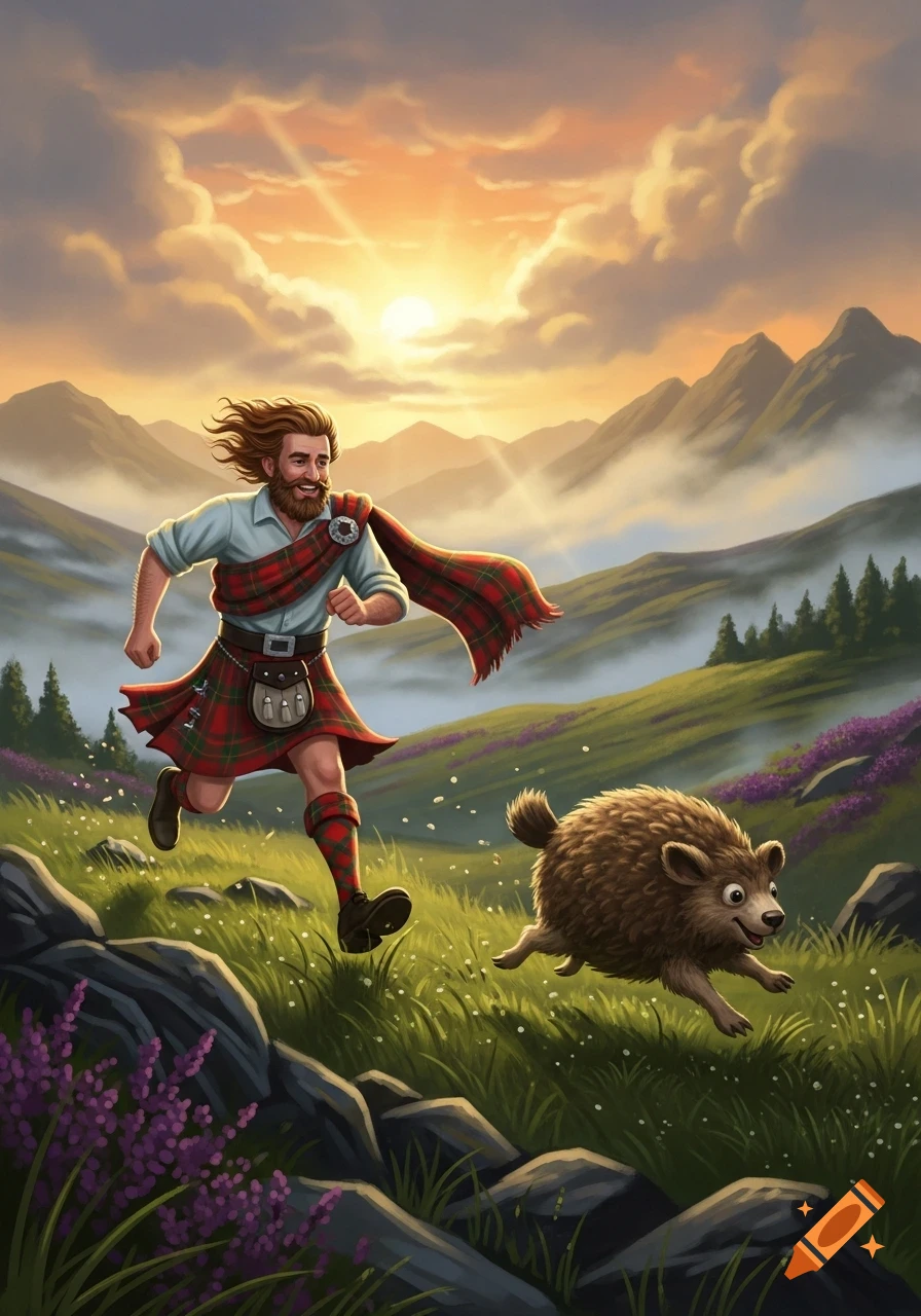 A smiling Scottish man in a kilt runs through a vibrant, misty mountain landscape at sunset, chasing a fluffy brown haggis creature.