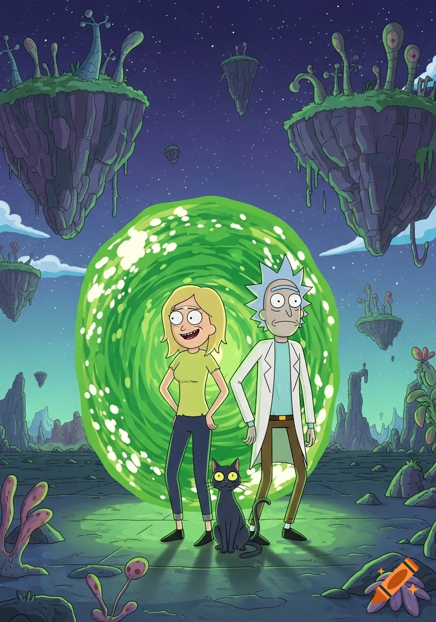 Rick, a blonde woman, and a black cat stand before a glowing green portal in an alien landscape with floating islands, in the style of Rick and Morty.