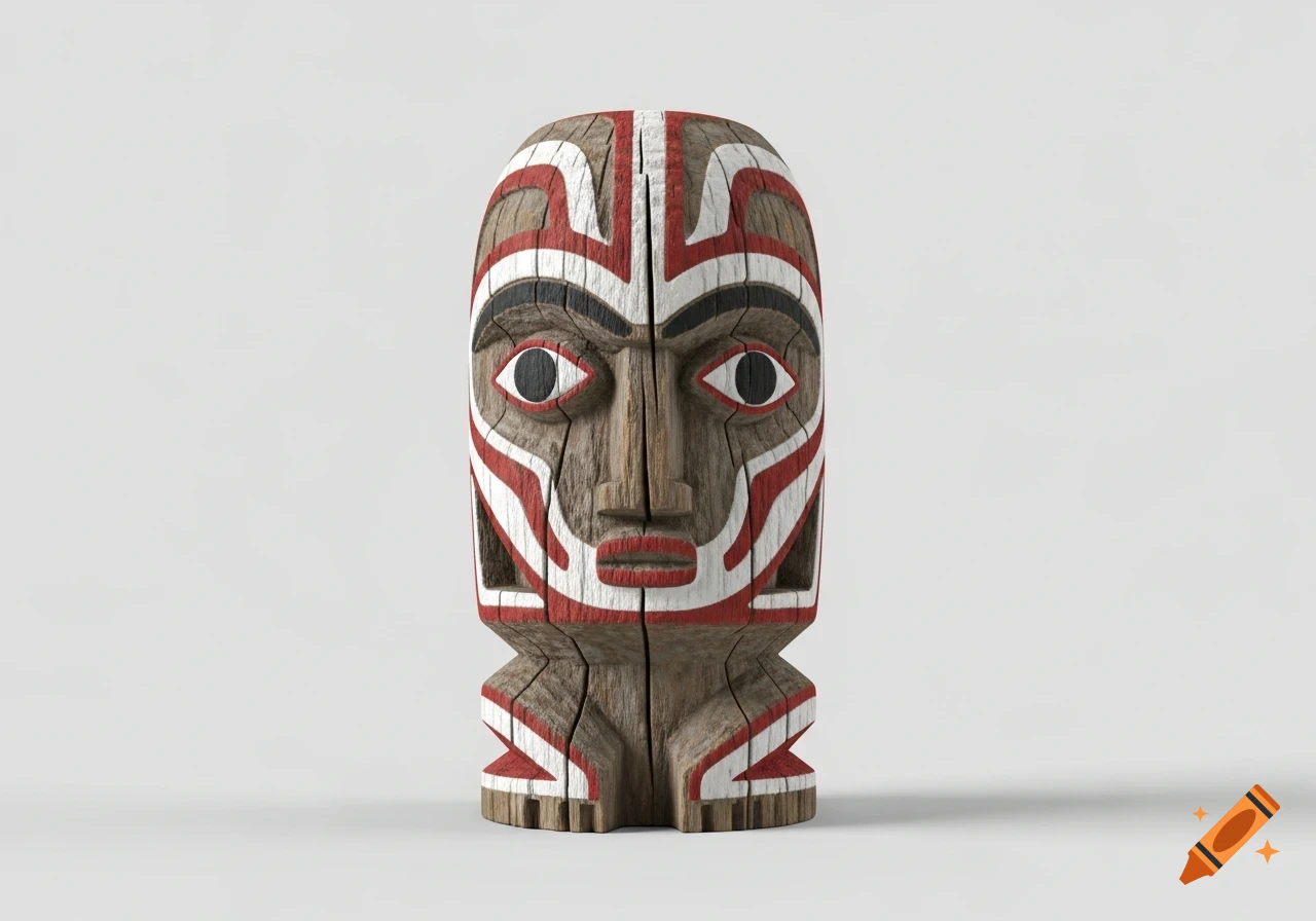 Minimalist wooden idol with a stylized face painted in white and red, on a plain background.