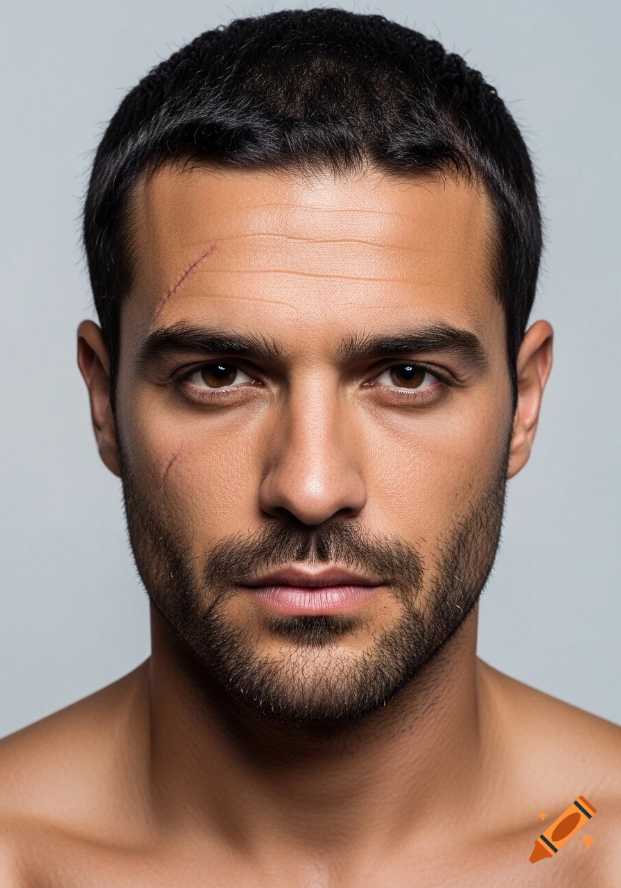 Photorealistic portrait of a man with dark hair, stubble beard, brown eyes, and facial scars, looking directly ahead.