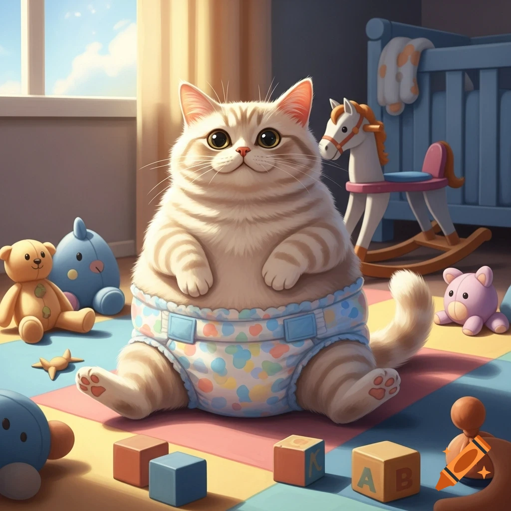 A fluffy, striped cat in a diaper sits on a colorful playmat surrounded by toys in a sunny nursery.