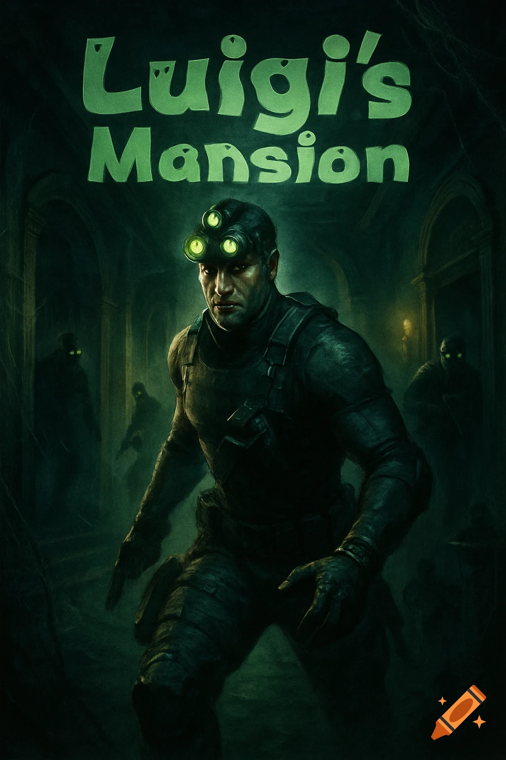 Sam Fisher from Splinter Cell, wearing night vision goggles, stands in a dark, spooky mansion, with 'Luigi's Mansion' text above, in a video game cover style.