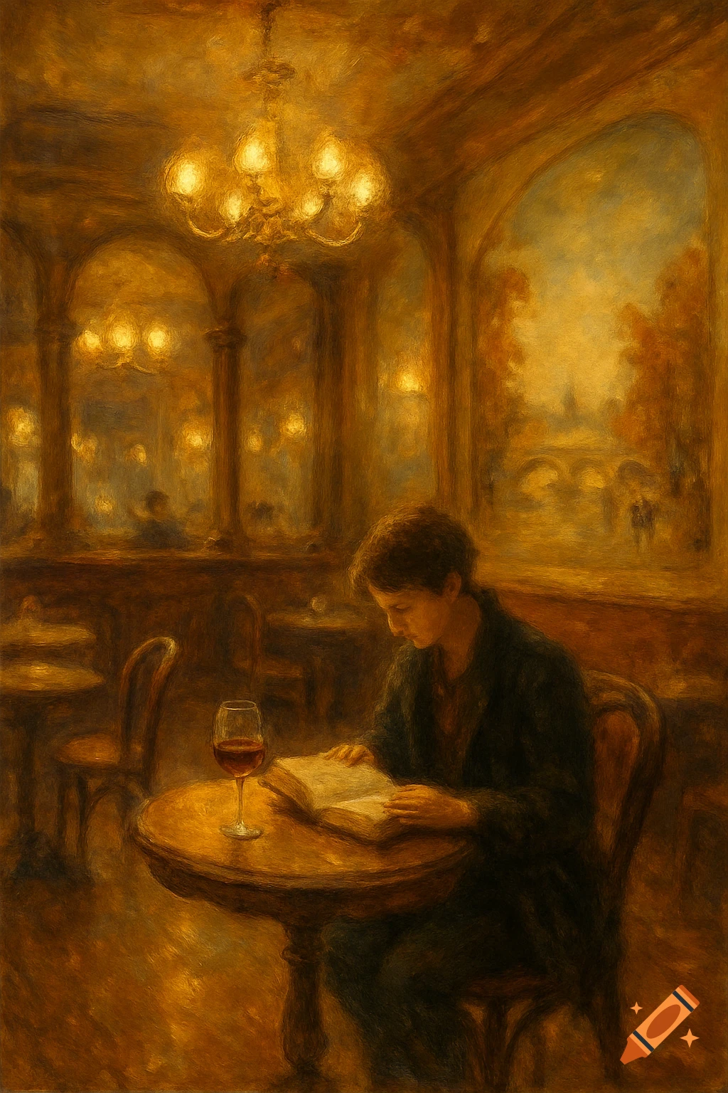 An impressionistic painting depicts a person reading a book at a small table in a dimly lit Parisian bar, with a glass of red wine beside them.