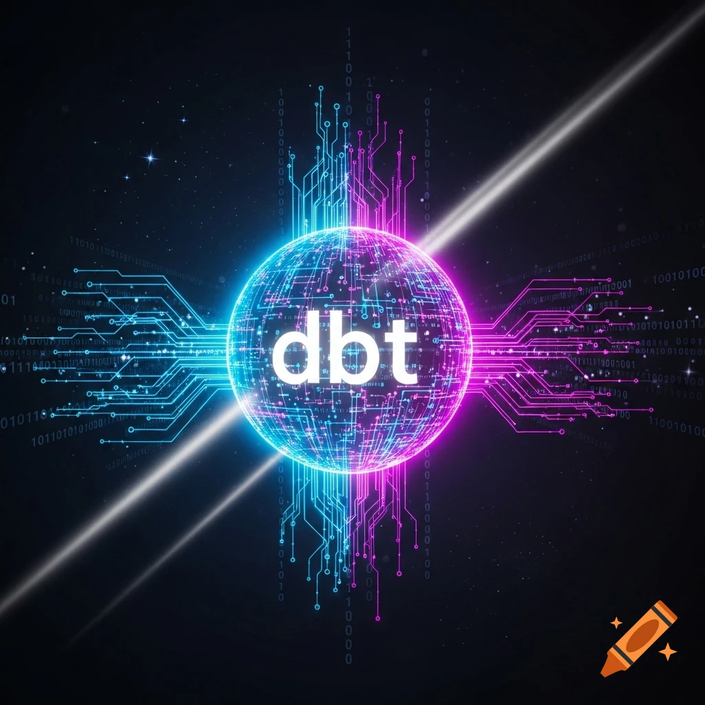 A glowing blue and pink digital globe with 'dbt' at its center, surrounded by circuit board patterns, binary code, and stars.