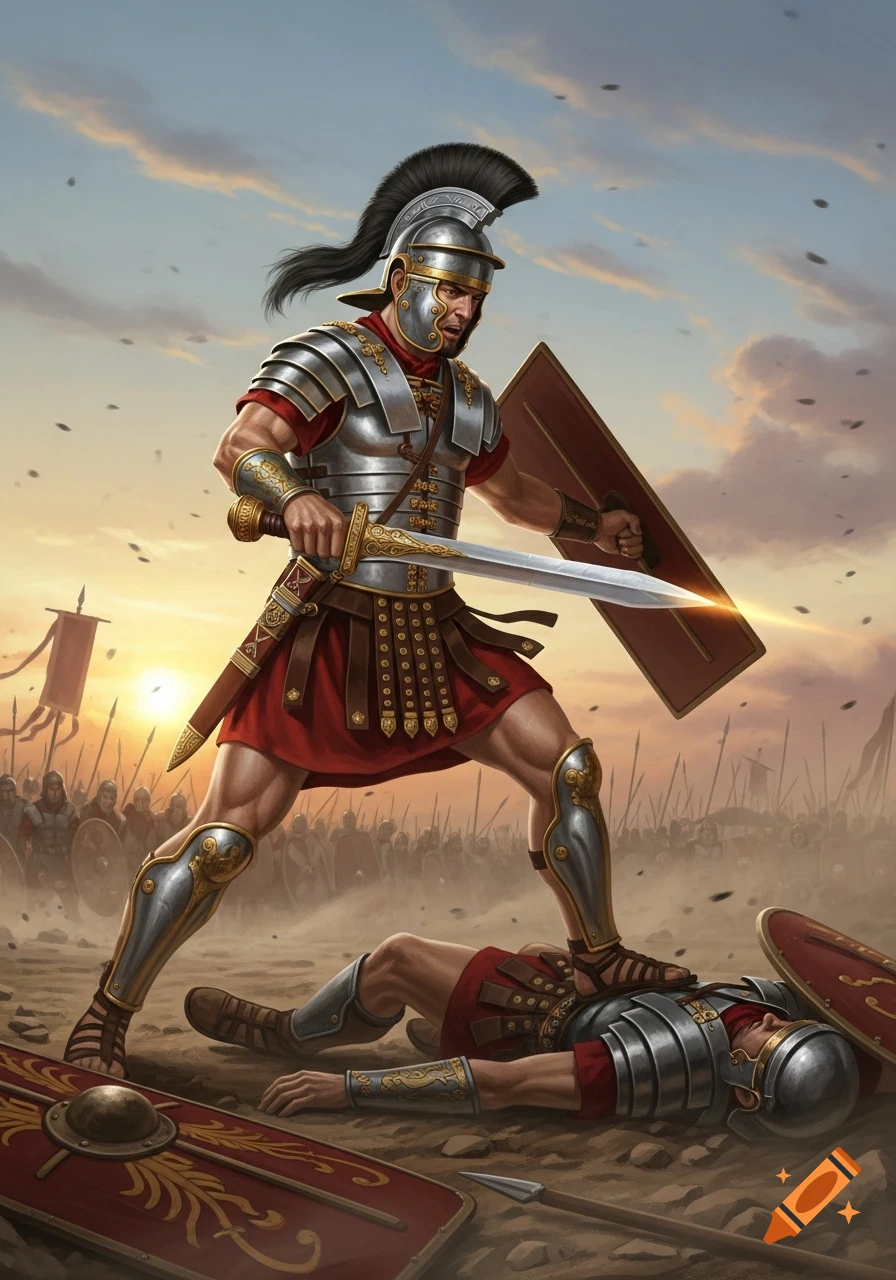 A Roman soldier in detailed armor stands triumphantly over a defeated foe on a battlefield at sunset, sword in hand, with an army in the background.
