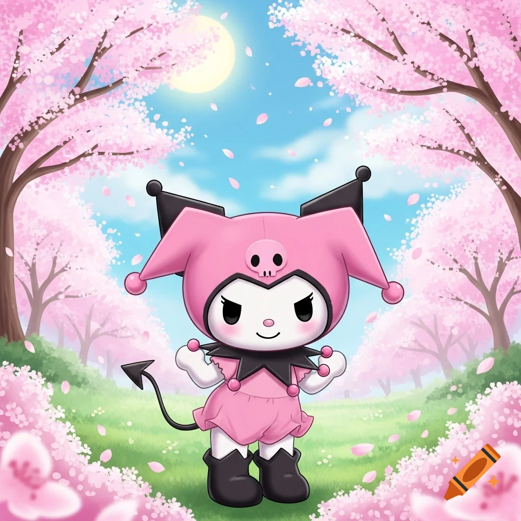A cute pink Kuromi stands in a field of green grass with pink cherry blossom trees and falling petals under a blue sky and sun.