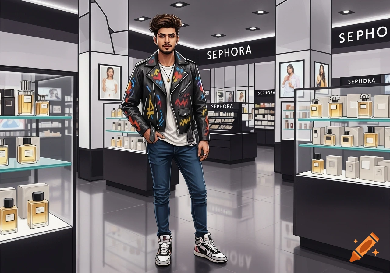 An illustrated young Indian man with a cool, creative rocker-artist style in a painted leather jacket, jeans, and sneakers, standing in a Sephora perfume department.
