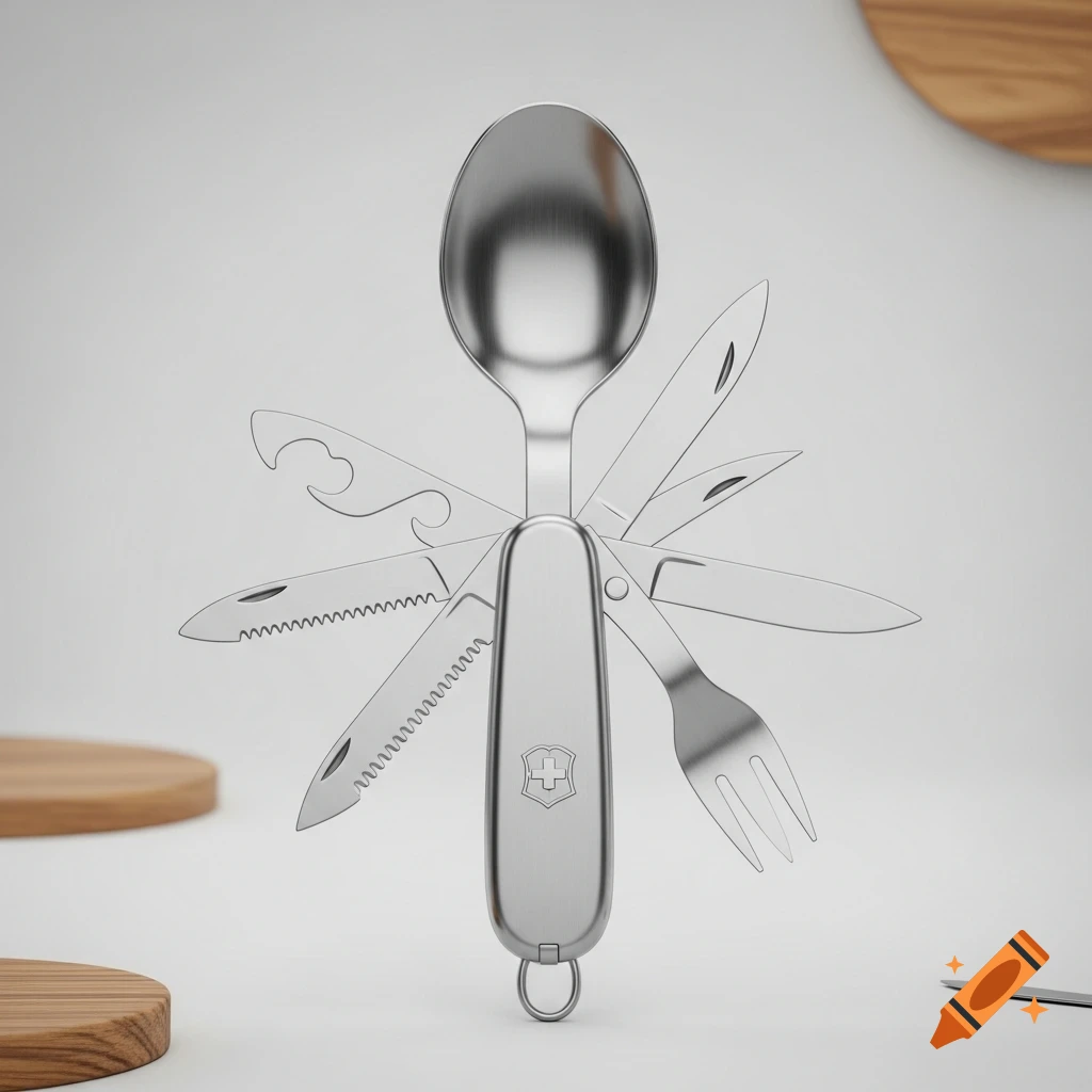 A shiny metallic Swiss Army multi-tool spoon with various blades, a fork, and an opener fanning out from its handle, against a light background.