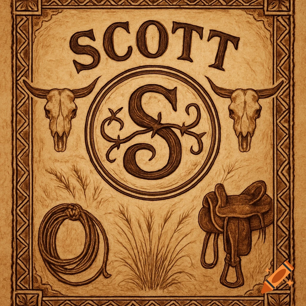 Western style design featuring the name SCOTT, a stylized S, bull skulls, rope, and saddle on a textured background.