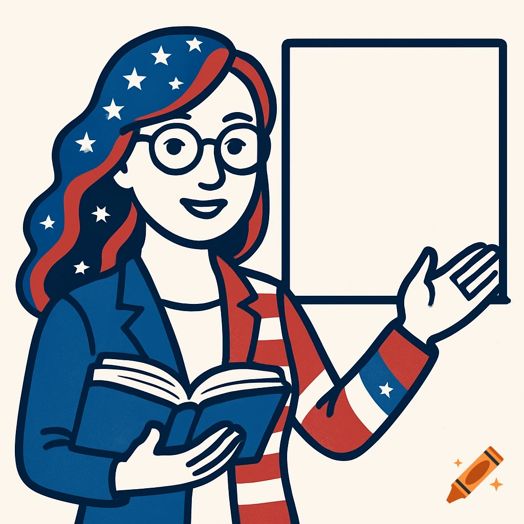 Friendly female tutor with glasses, hair and blazer in USA flag pattern, holding a book and pointing at a whiteboard, in simple vector style.