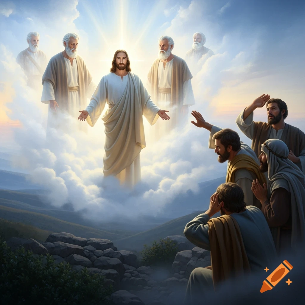 Jesus, Moses, and Elijah appear shining in clouds above a mountain landscape, as awe-struck disciples on the ground cover their eyes.