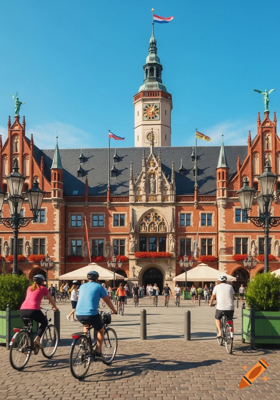 People cycle in a cobblestone square in front of a grand brick town hall with a tall clock tower, flags, and ornate architecture under a clear blue sky.
