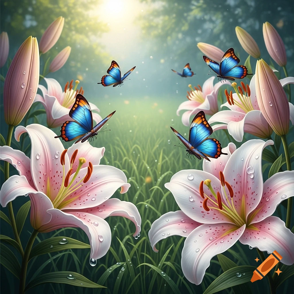 Close-up of pink and white lilies with blue and orange butterflies flying amidst green grass, in a sunlit forest.
