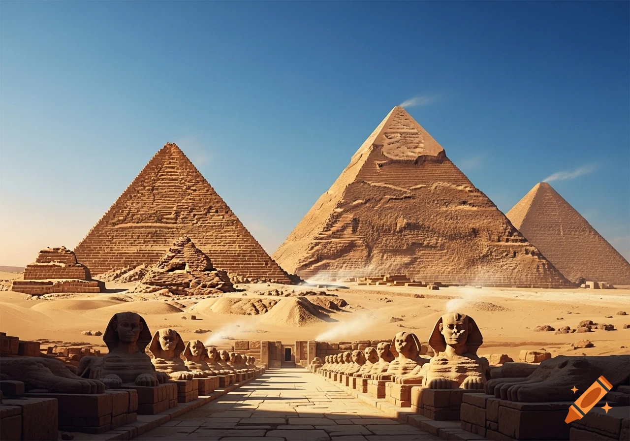 A photorealistic view of an avenue lined with sphinx statues leading to multiple ancient pyramids in a sandy desert under a clear sky.