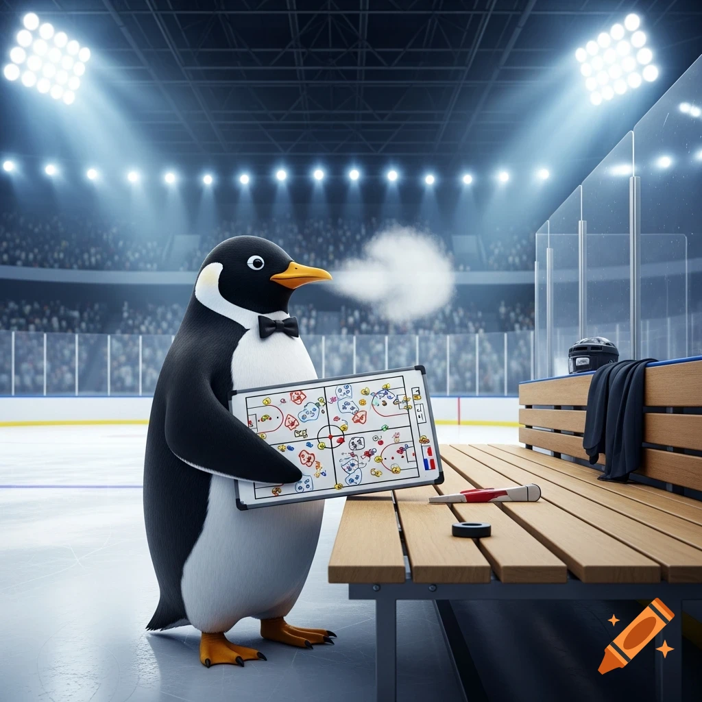 A cartoon penguin in a bow tie stands on an ice rink, holding a tactics board, with a player's bench and hockey stadium in the background. The penguin exhales steam.