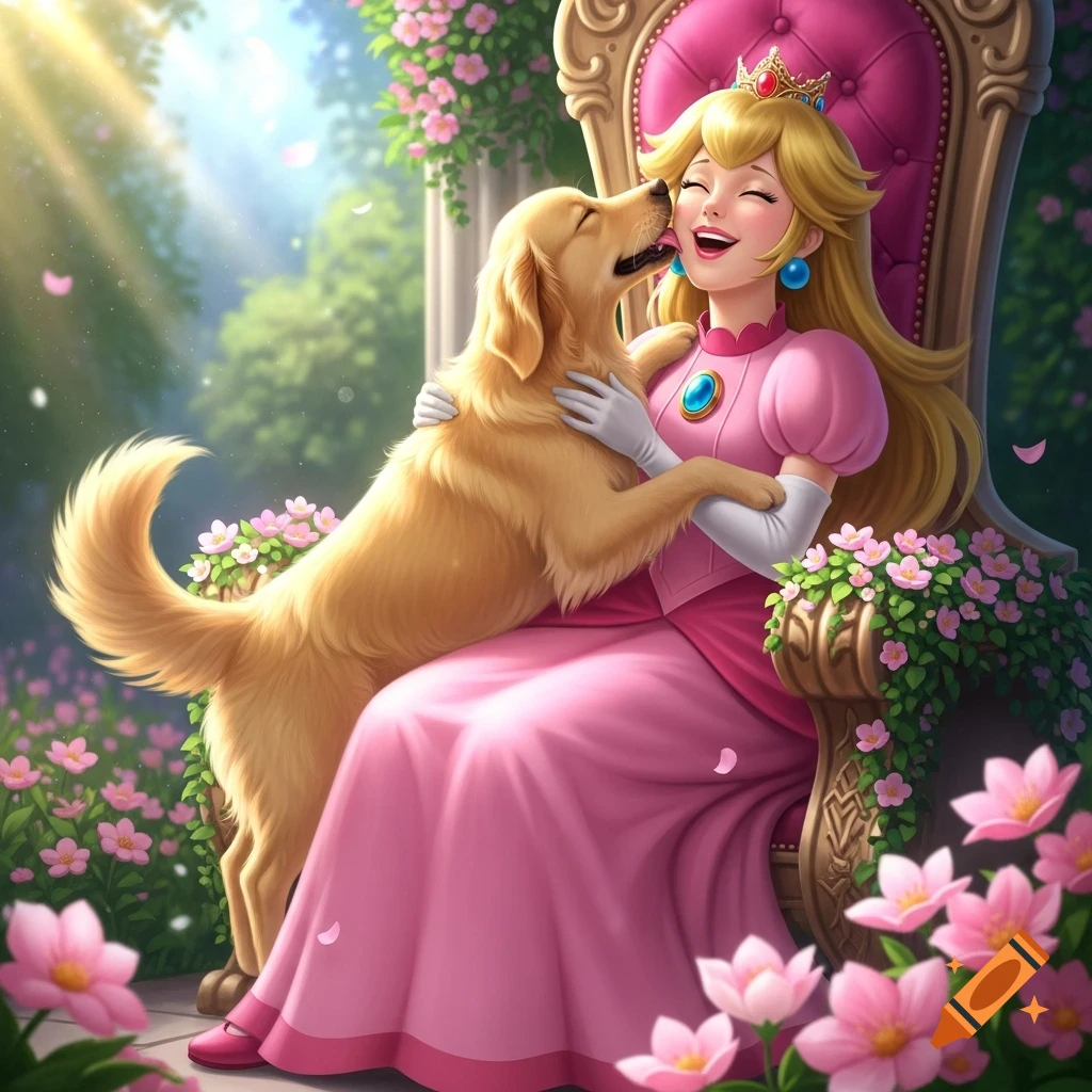 Princess Peach laughing joyfully on a golden throne in a lush garden as a golden retriever licks her face.