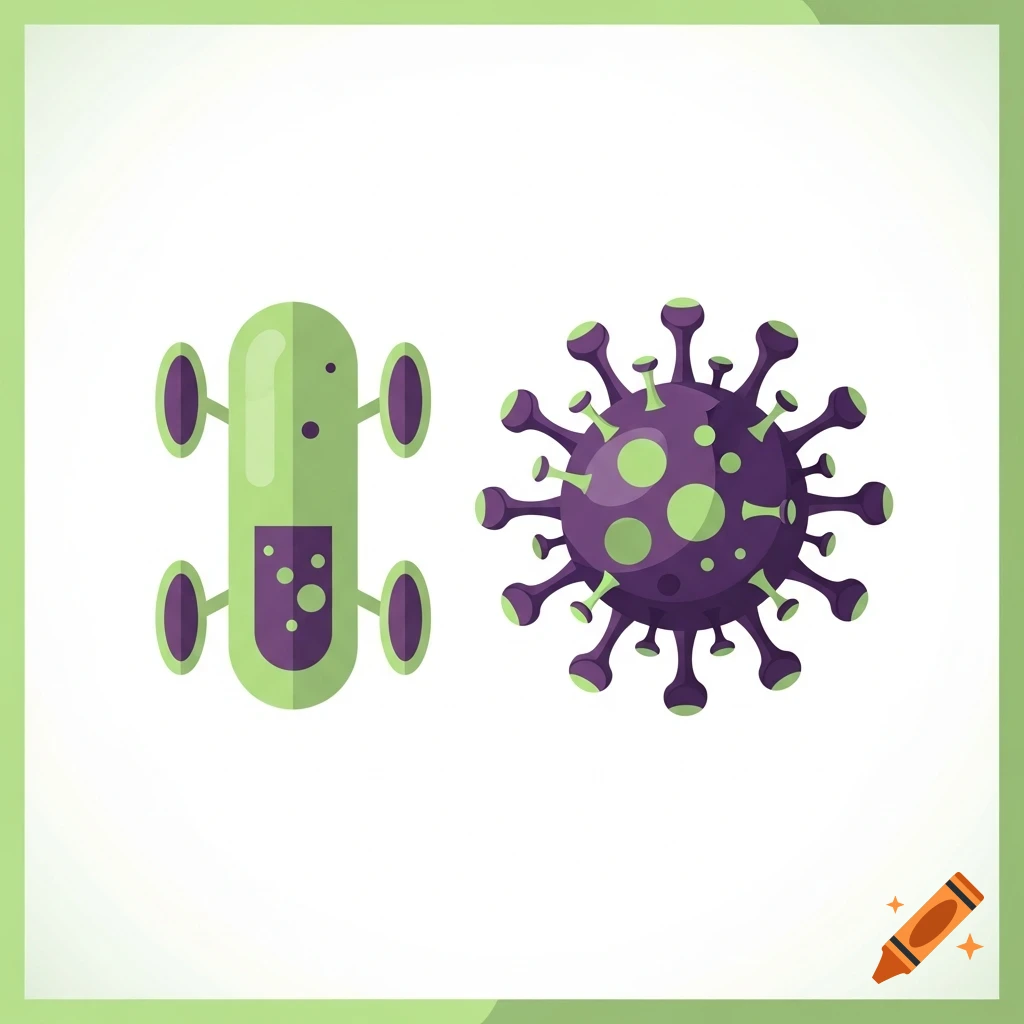 Flat illustration of a green bacterium next to a purple and green virus on a white background.