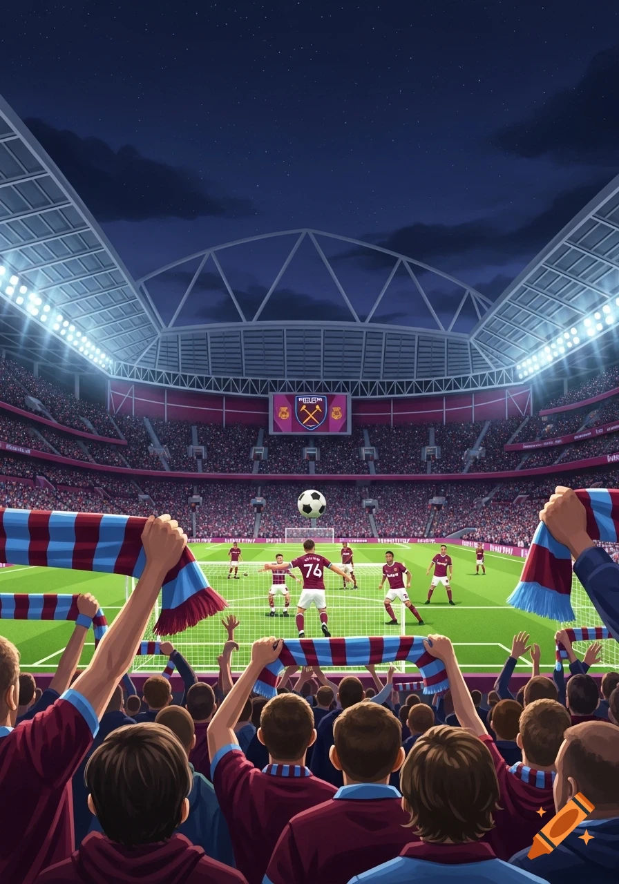 Stylized illustration of a football match at night, viewed from behind cheering fans in a stadium, with a player about to kick a ball.