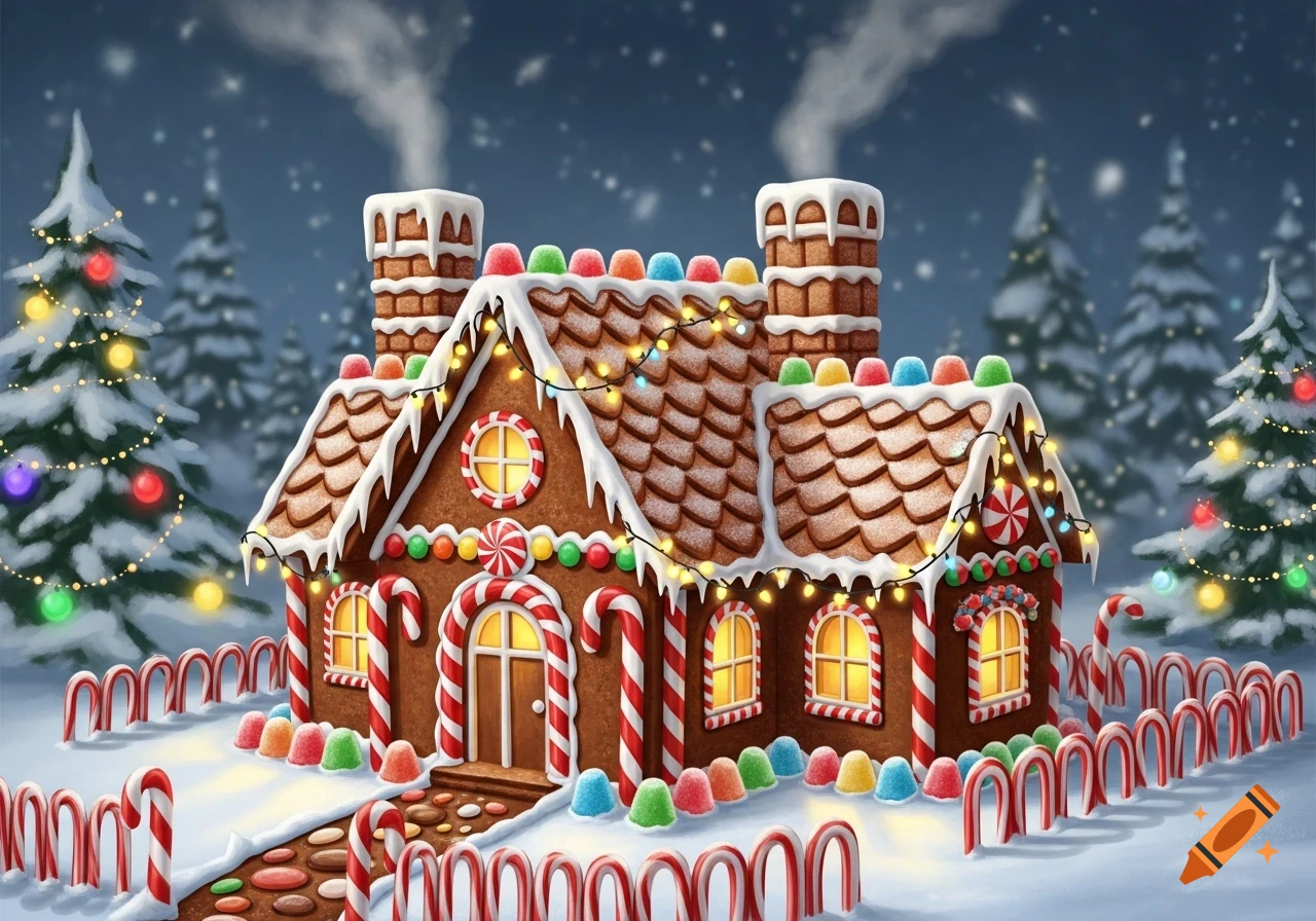 A festive gingerbread house in a snowy winter wonderland, decorated with candy, icing, and Christmas lights, surrounded by candy cane fences and decorated fir trees.