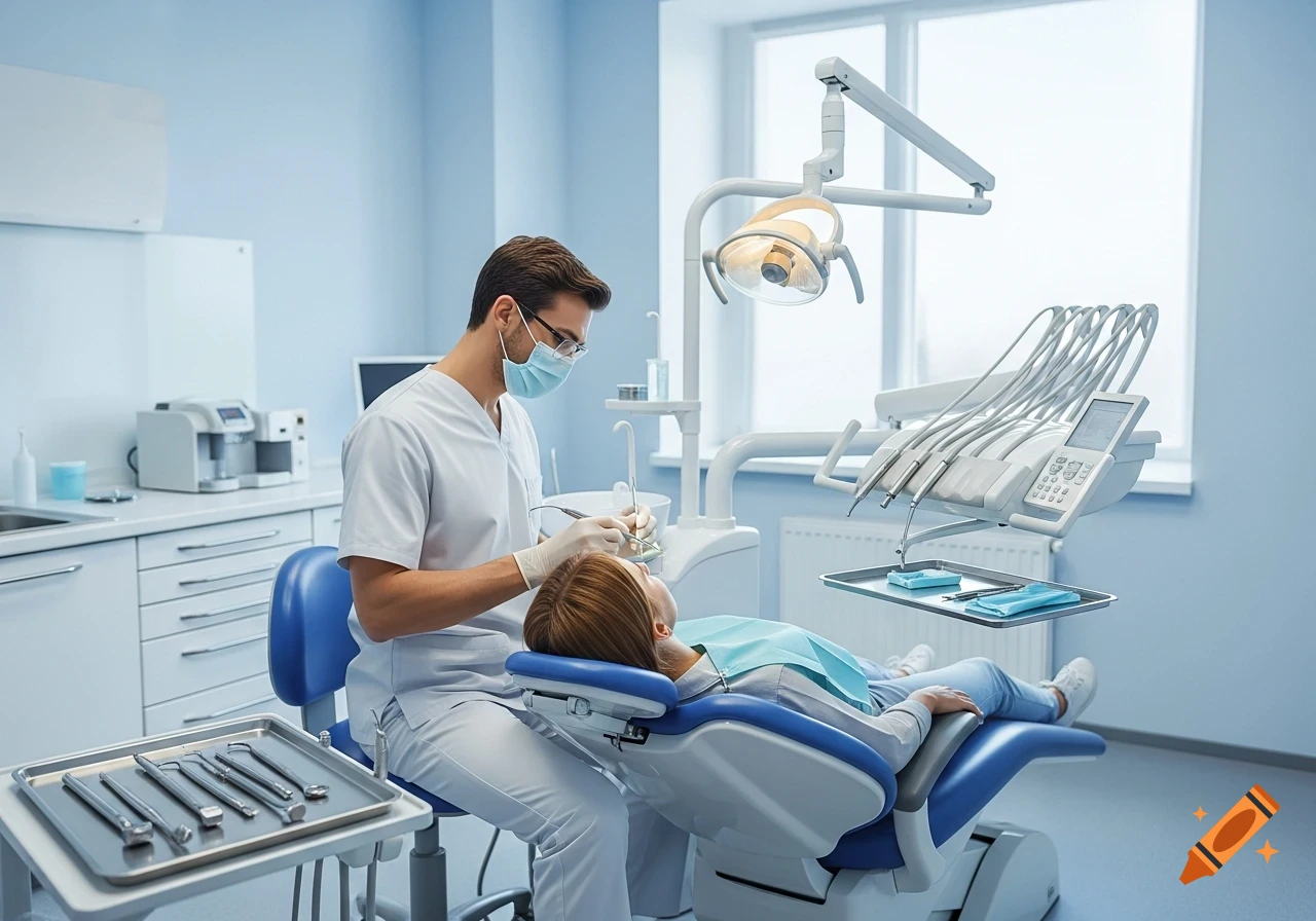 A male dentist in a mask and gloves examines a female patient lying in a dental chair in a bright, modern office.