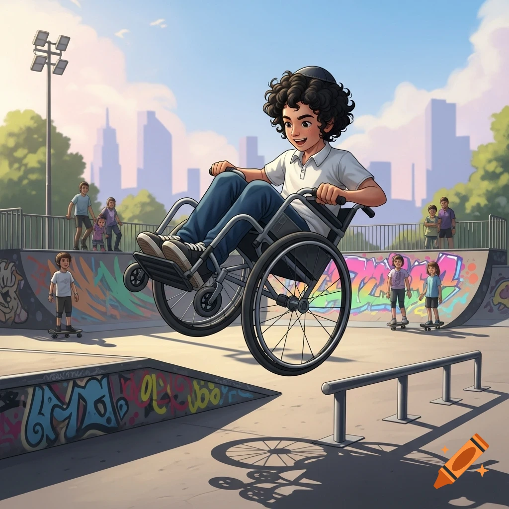 A cartoon Jewish kid wearing a yamulka does a wheelie in a wheelchair at a vibrant skatepark with other kids.