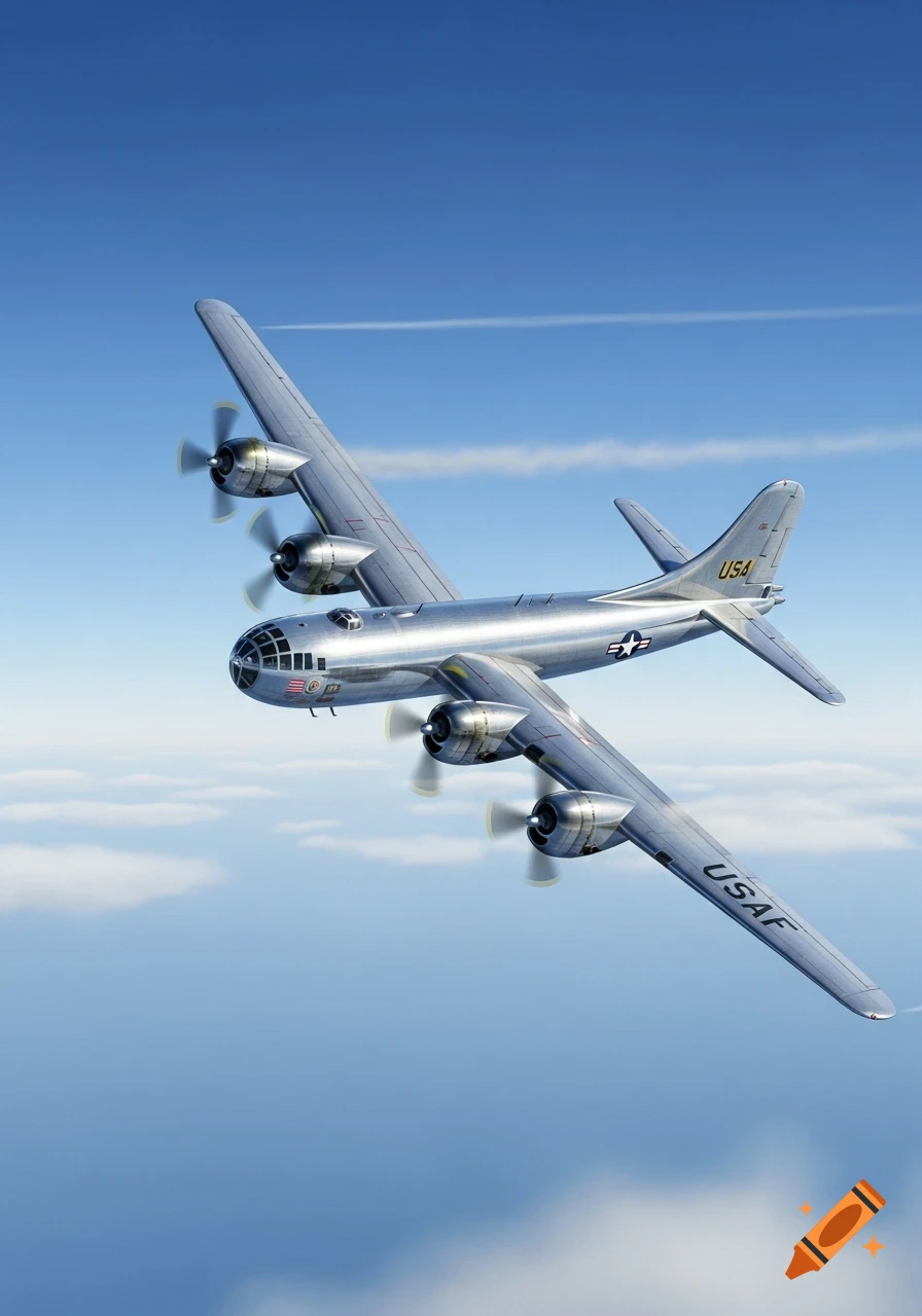 A realistic drawing of a silver B-29 bomber flying in a blue sky with clouds.