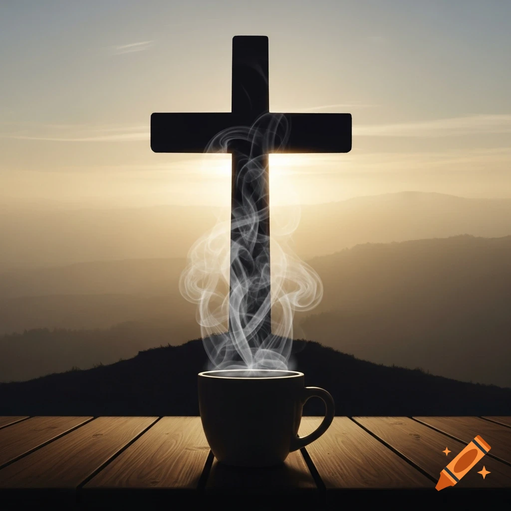 Silhouette of a cross with steam rising from a mug on a wooden table, against a sunset mountain landscape.