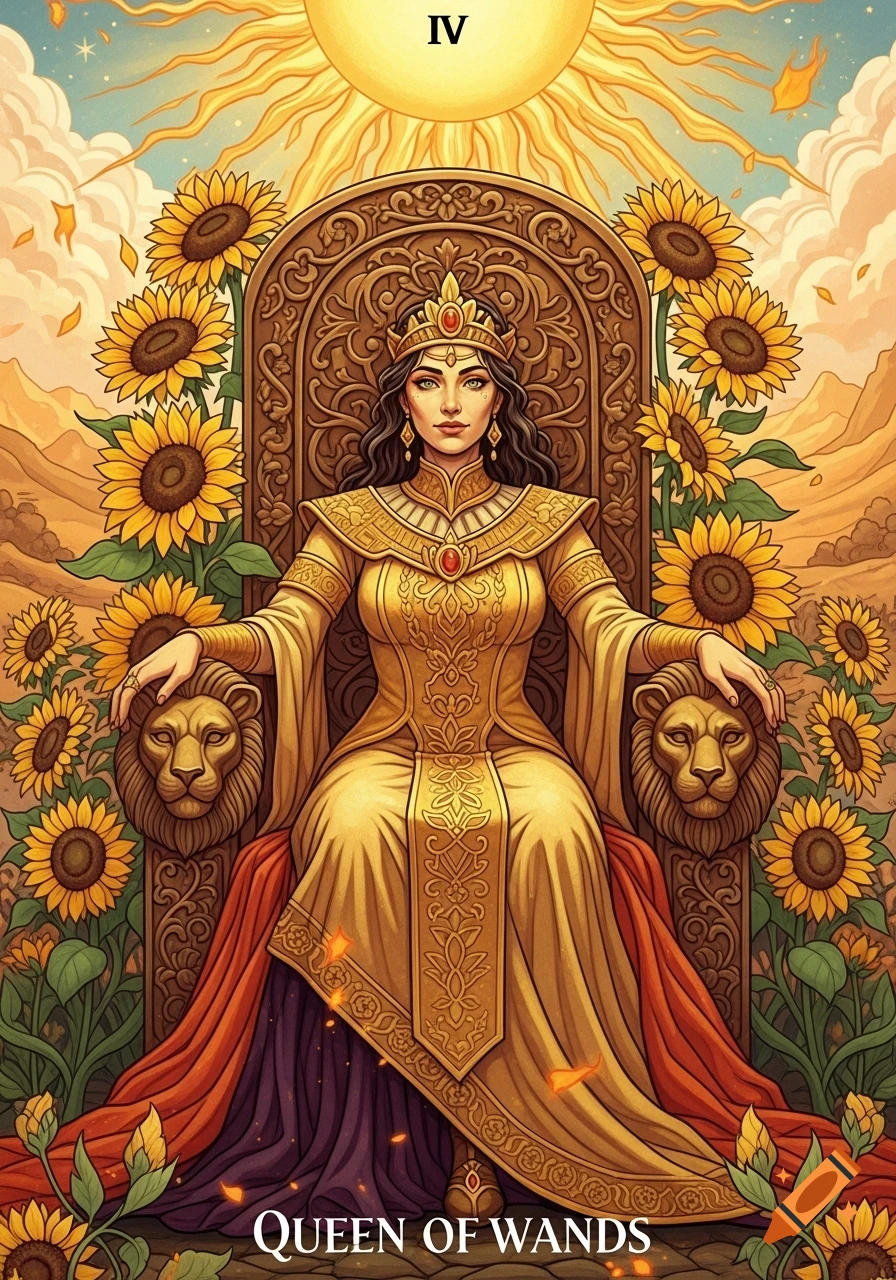 An illustrated tarot card showing a queen in a golden dress on a throne with lion heads, surrounded by sunflowers, under a bright sun.