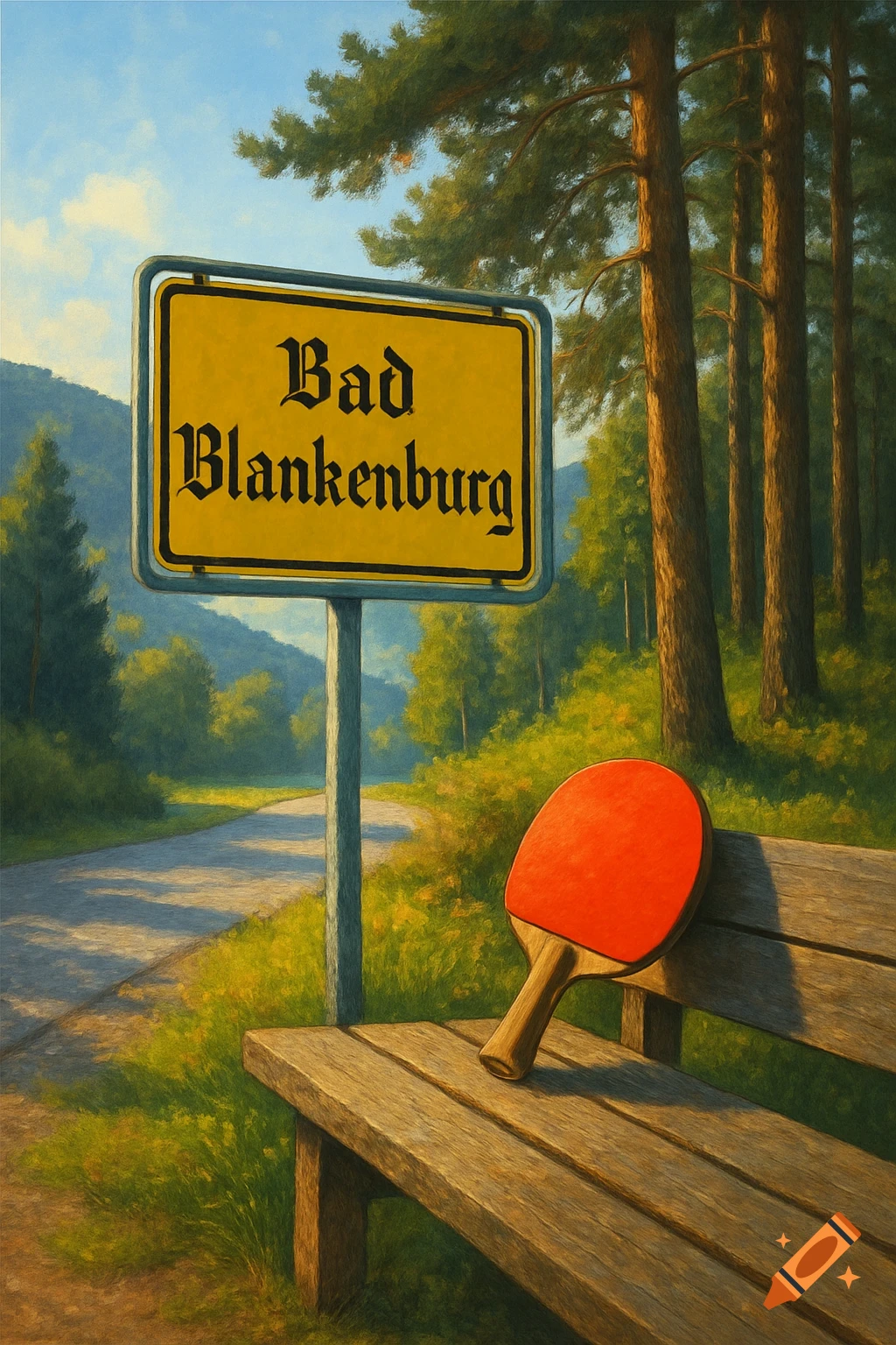 A painterly image of a yellow "Bad Blankenburg" town sign on a post beside a winding road and a wooden bench with a red ping-pong paddle, surrounded by green trees and hills.