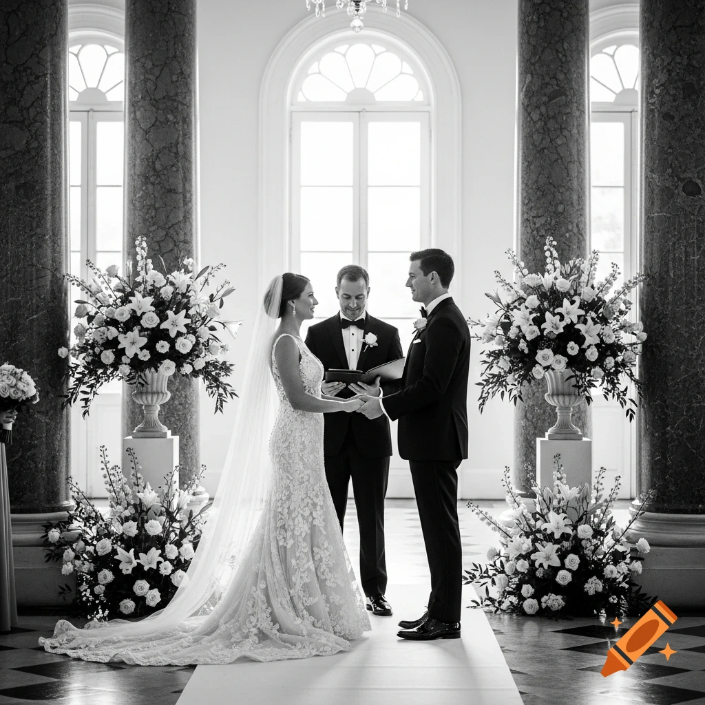A black and white photo of a bride and groom holding hands during their wedding ceremony in a grand hall with floral arrangements.