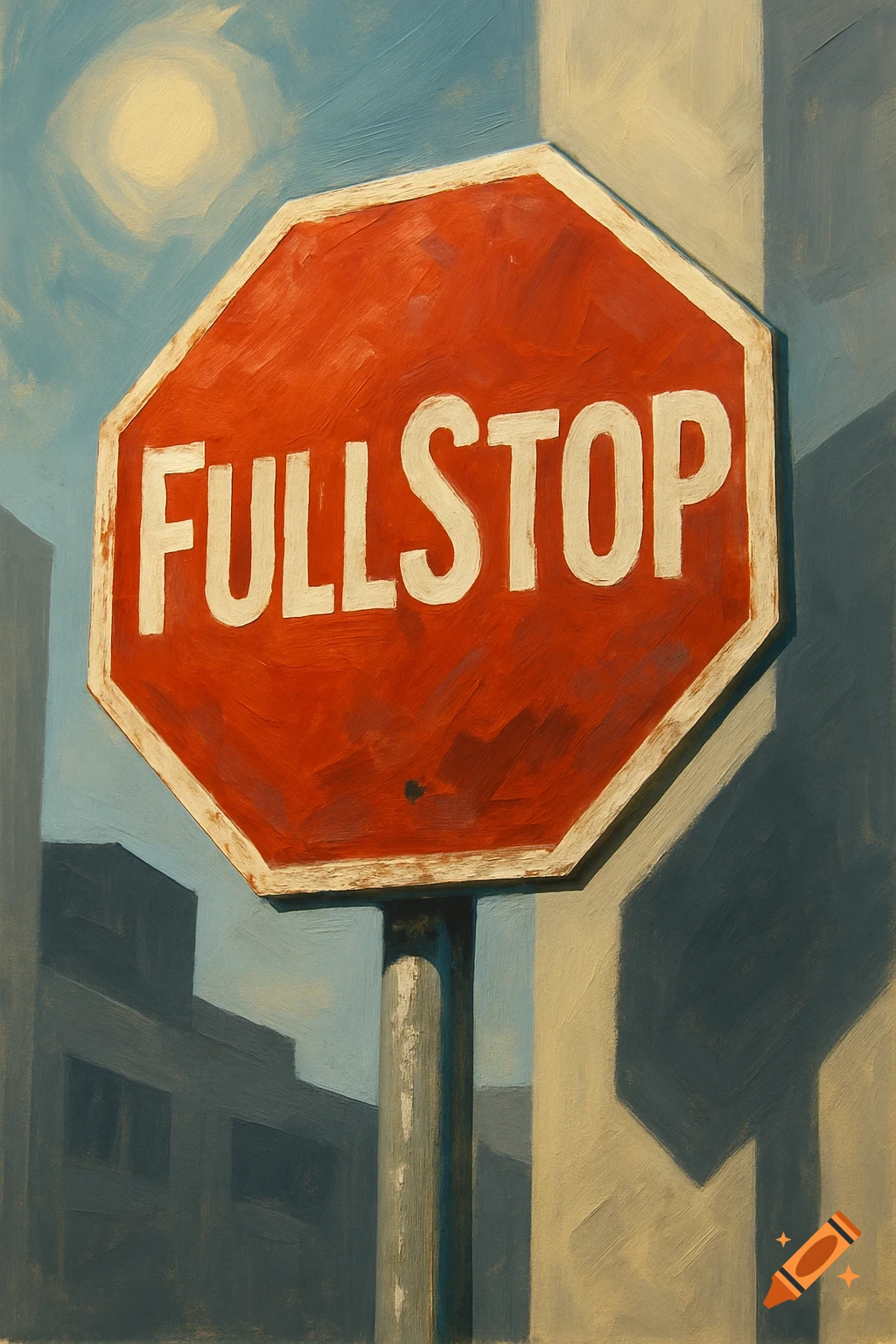 A stylized painting of a red octagonal stop sign with the word "FULLSTOP" in white letters, under a bright sun in a blue sky, with building shadows.
