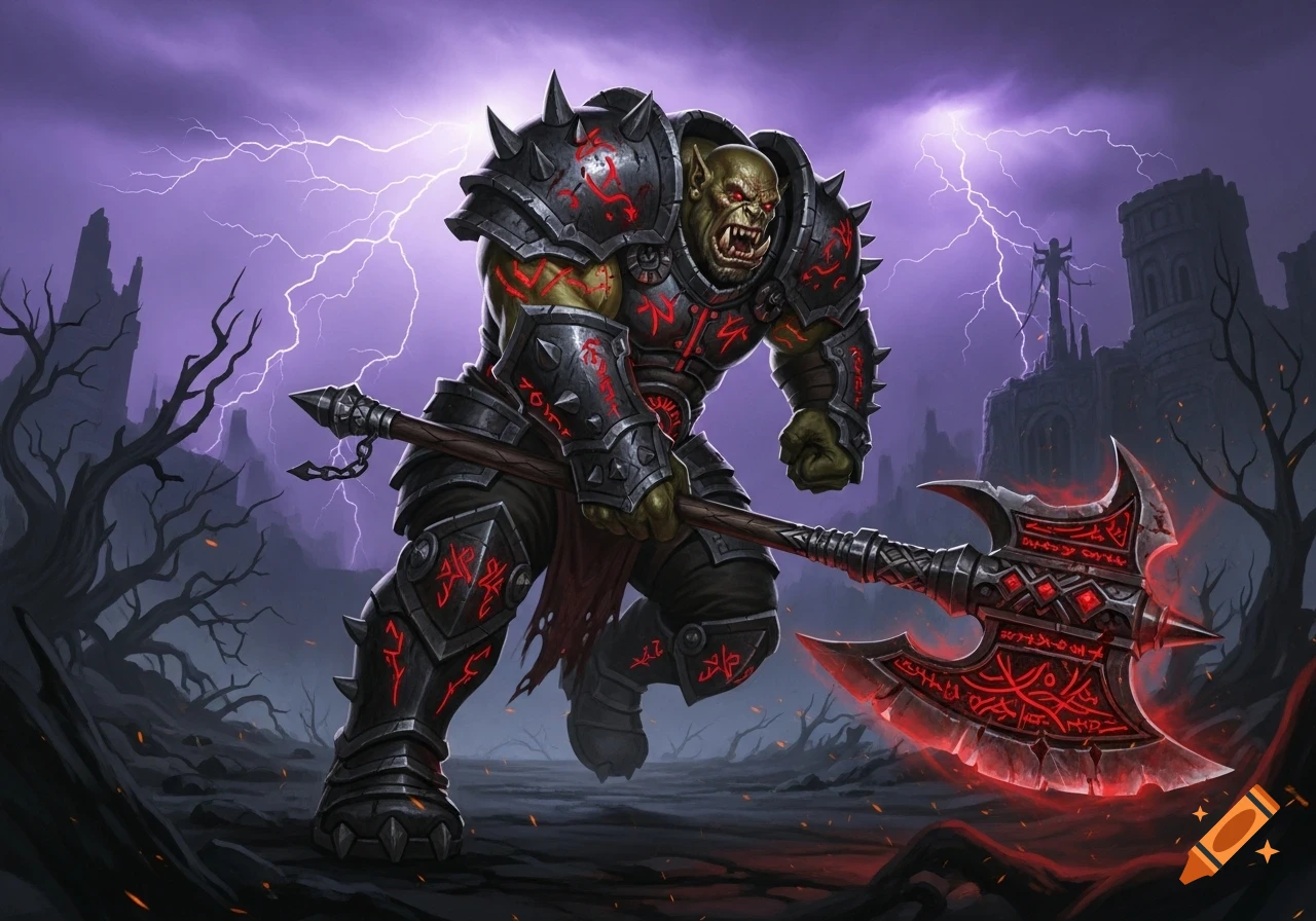 An intimidating green-skinned orc warrior in dark spiked armor with red glowing runes, wielding a large red glowing axe, against a dark, stormy sky with lightning.