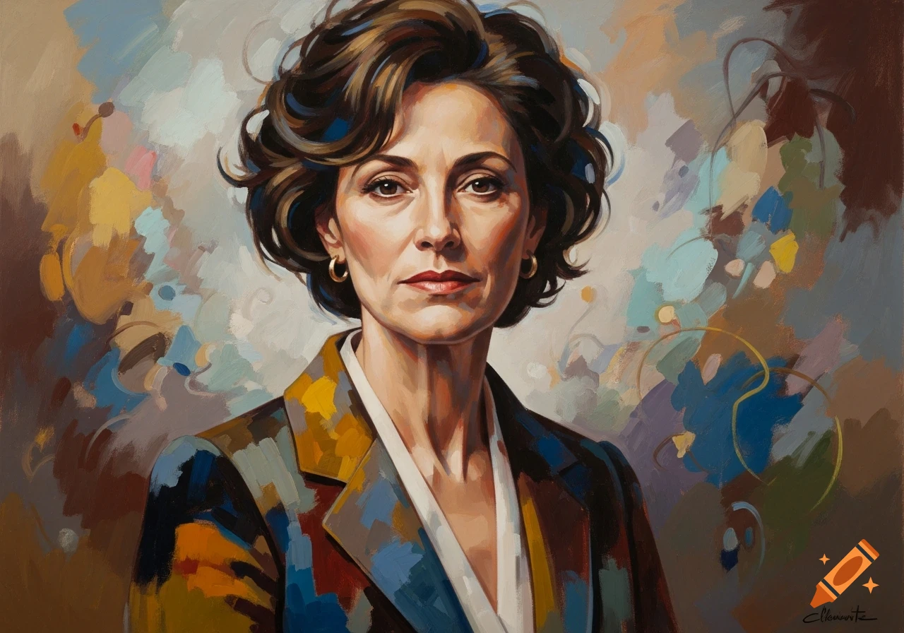 A colorful, expressive painting of a woman with short dark hair, wearing a patterned jacket, against an abstract background.
