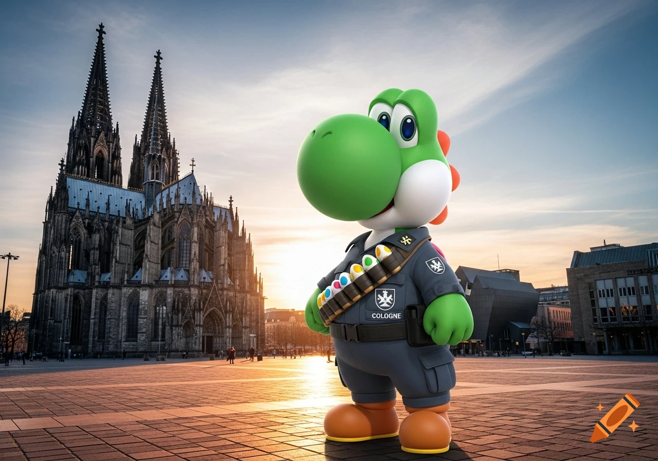 Yoshi in a soldier uniform with a bandolier of eggs, stands in front of the photorealistic Cologne Cathedral at sunset.