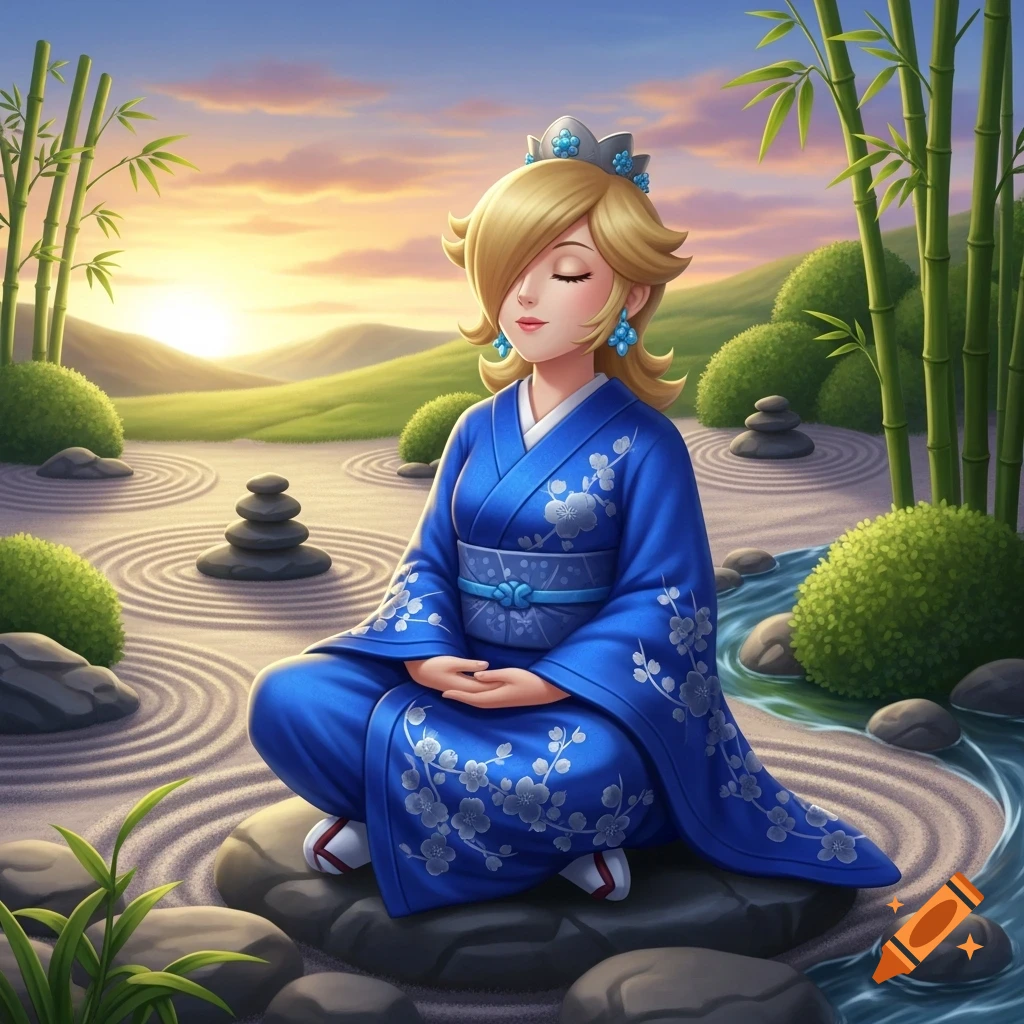 Rosalina in a blue kimono meditating in a serene zen garden with bamboo and a sunset, digital art.