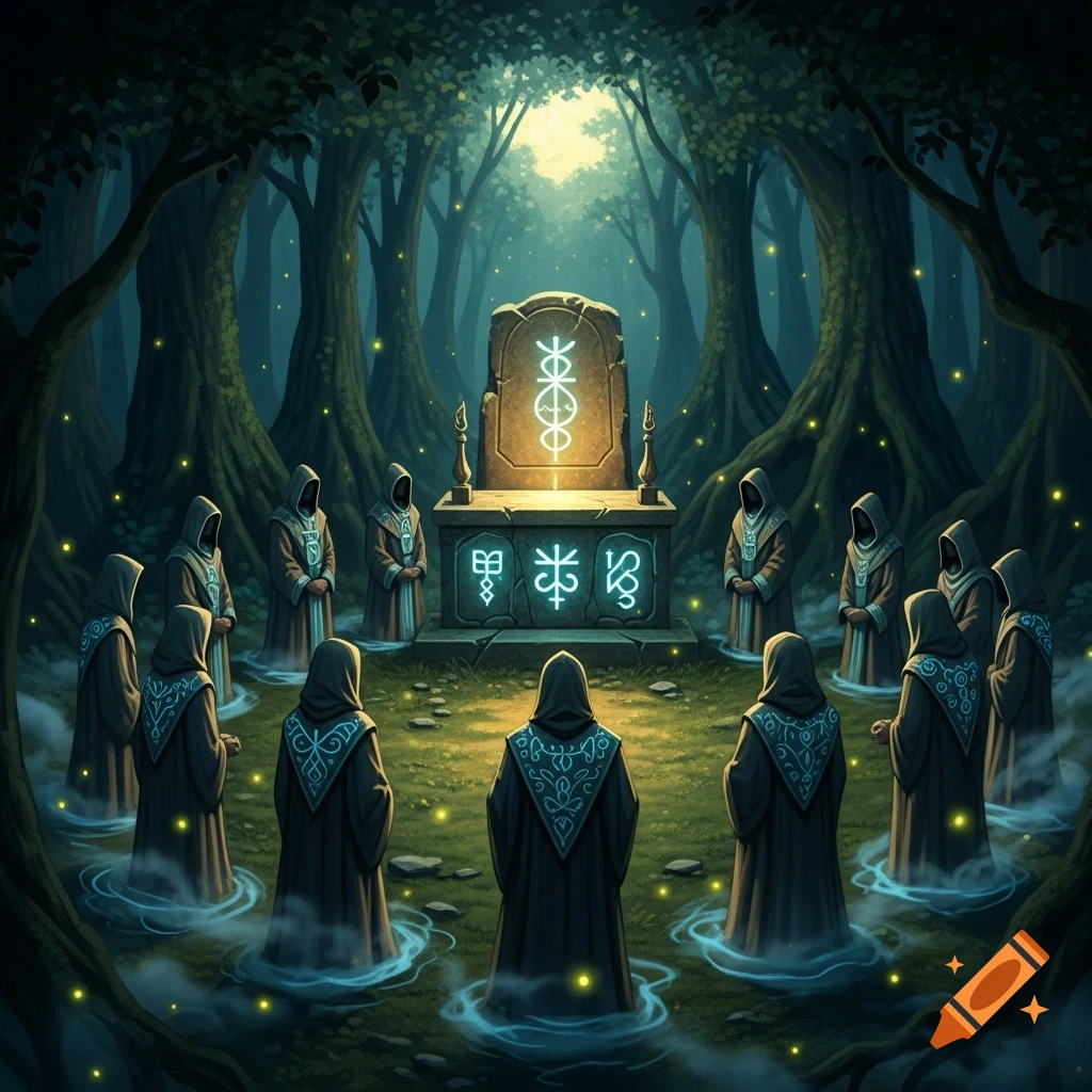Hooded figures in dark robes stand in a circle around an ancient stone altar with glowing mystical symbols in a dark, magical forest at night, illuminated by moonlight and fireflies.